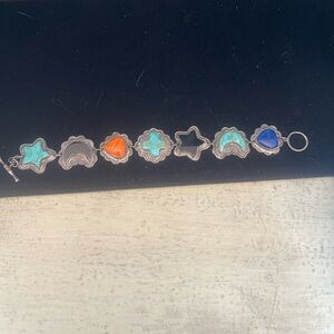 Sterling Silver bracelet with Turquoise, Onyx, Coral, Lapis Accents